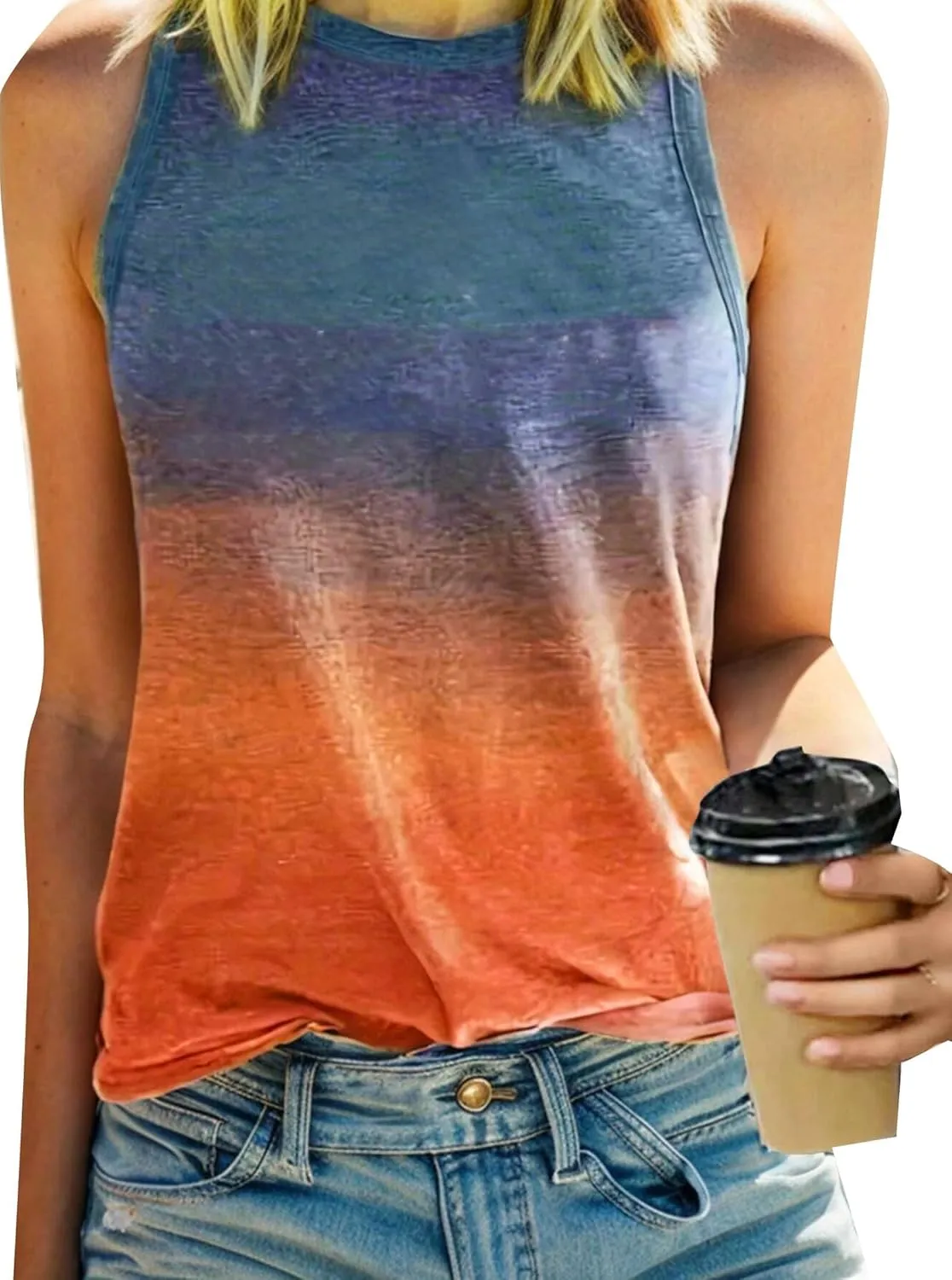 Remidoo Women's Ombre Sun Graphic Tank Top Crewneck Sleeveless Loose Fit Top Shirt
