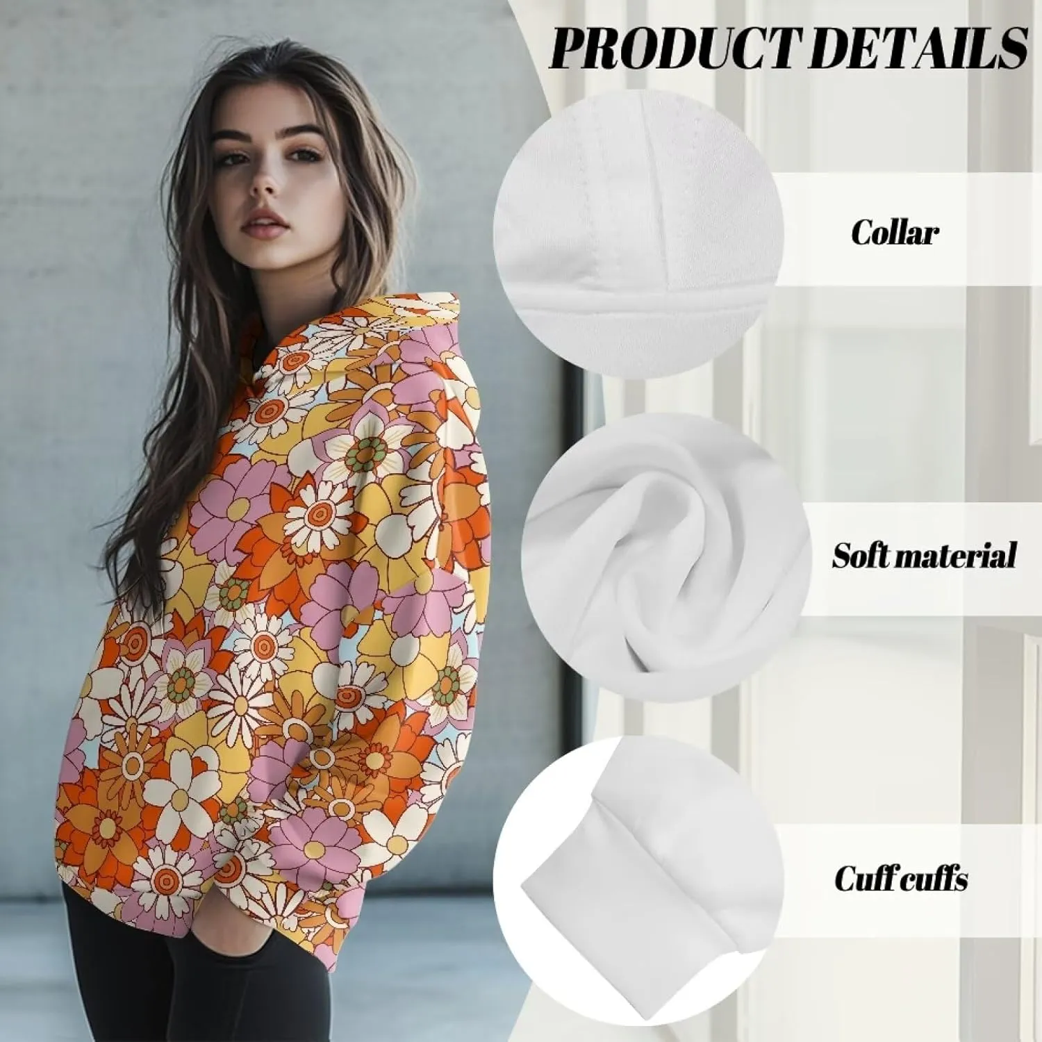 Retro Floral Women's Y2K Oversized Hoodies Casual Long Sleeve Loose Hooded Athletic Tops Pullover Sweatshirts