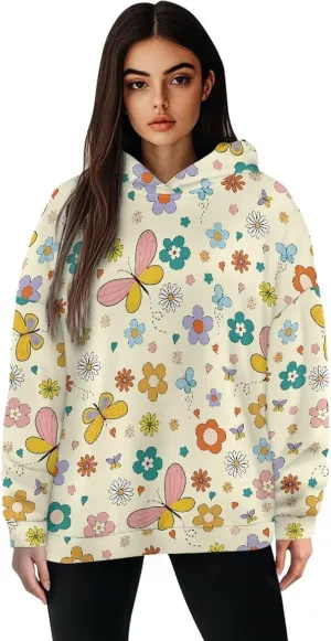 Retro Floral Women's Y2K Oversized Hoodies Casual Long Sleeve Loose Hooded Athletic Tops Pullover Sweatshirts