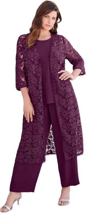 Roaman's Women's Plus Size Three-Piece Lace Duster & Pant Suit