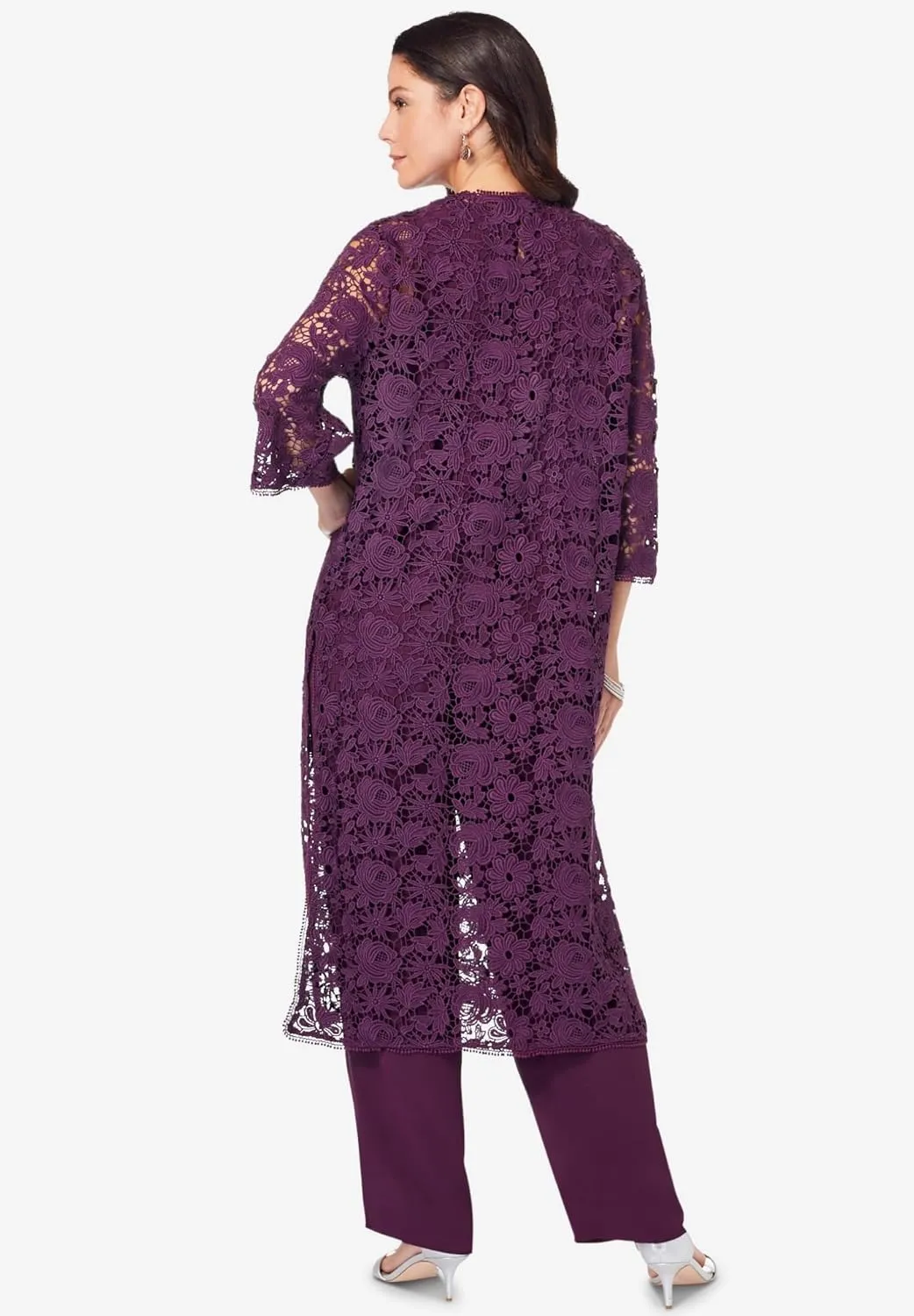 Roaman's Women's Plus Size Three-Piece Lace Duster & Pant Suit
