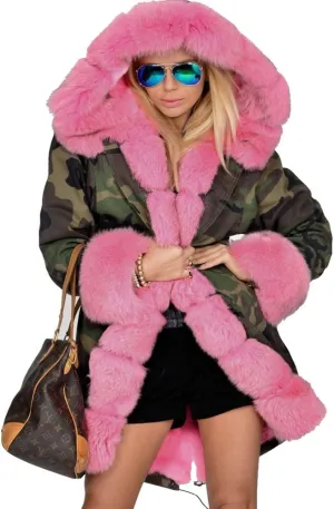 Roiii Women Thicken Warm Winter Coat Hood Down Parka Fleece Fur Outdoor Overcoat Long Jacket Outwear