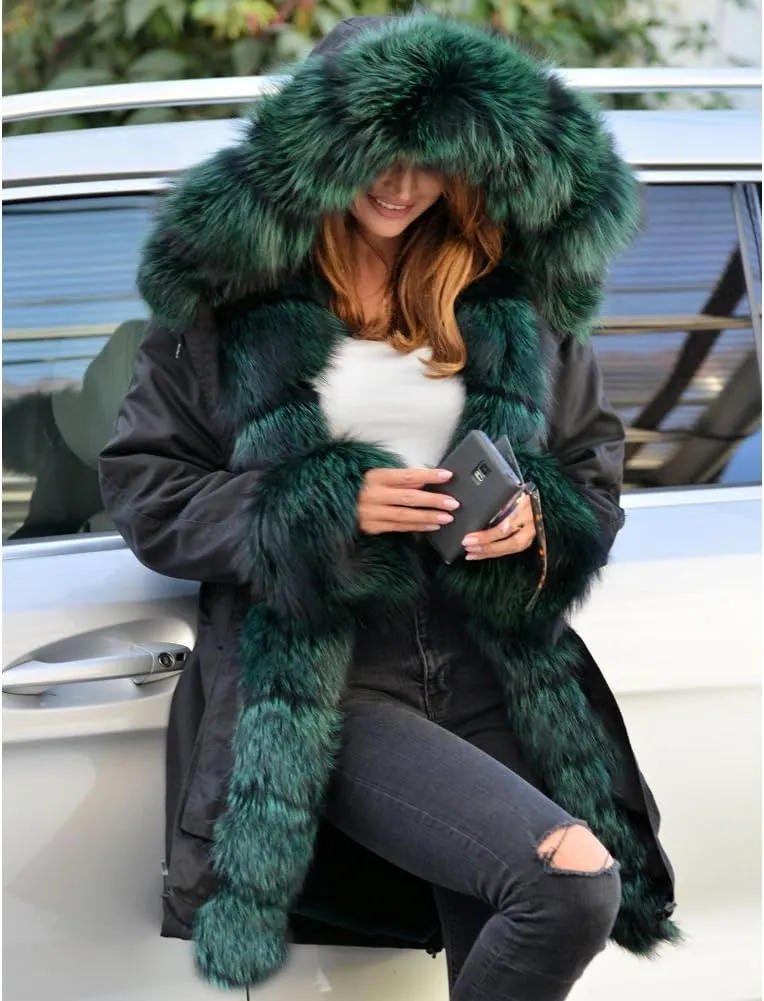 Roiii Women Thicken Warm Winter Coat Hood Down Parka Fleece Fur Outdoor Overcoat Long Jacket Outwear