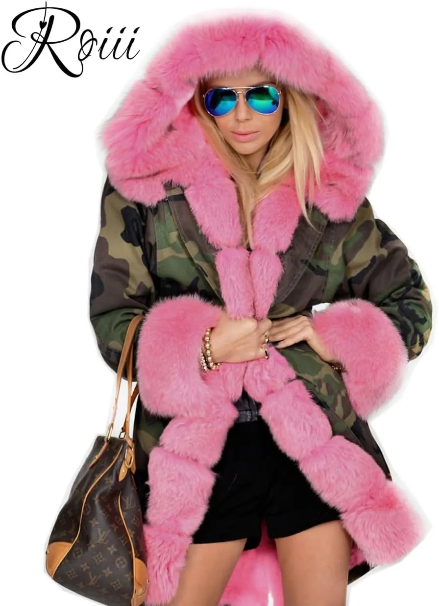 Roiii Women Thicken Warm Winter Coat Hood Down Parka Fleece Fur Outdoor Overcoat Long Jacket Outwear