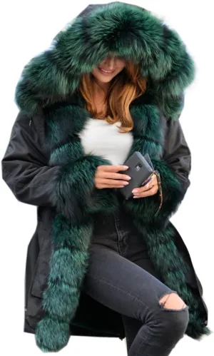 Roiii Women Thicken Warm Winter Coat Hood Down Parka Fleece Fur Outdoor Overcoat Long Jacket Outwear