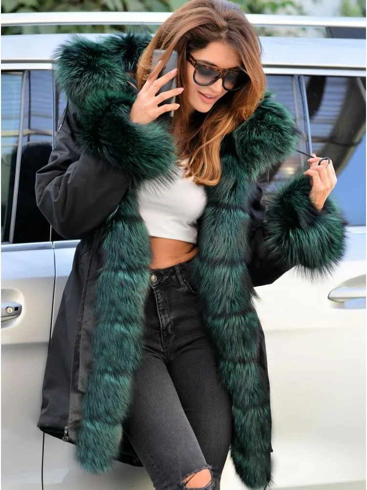 Roiii Women Thicken Warm Winter Coat Hood Down Parka Fleece Fur Outdoor Overcoat Long Jacket Outwear