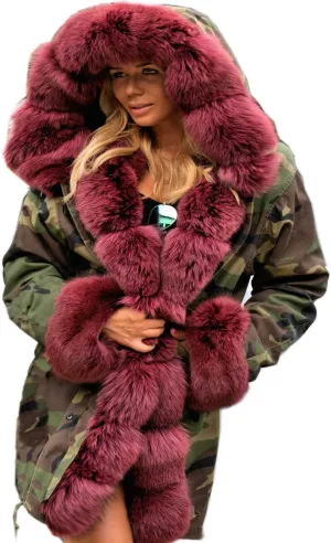 Roiii Women Thicken Warm Winter Coat Hood Down Parka Fleece Fur Outdoor Overcoat Long Jacket Outwear