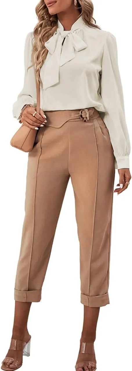 Rooscier Women's Bow Tie Neck Long Sleeve Buttton Cuff Chiffon Elegant Blouse
