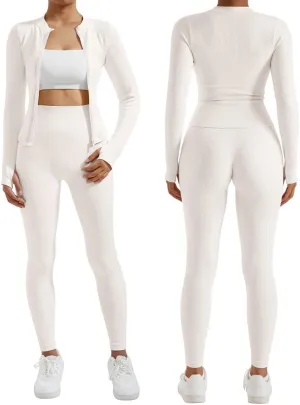 RXRXCOCO Ribbed Workout Sets for Women 2 Piece Zip Up Cropped Workout Jackets Seamless Leggings Matching Yoga Oufits