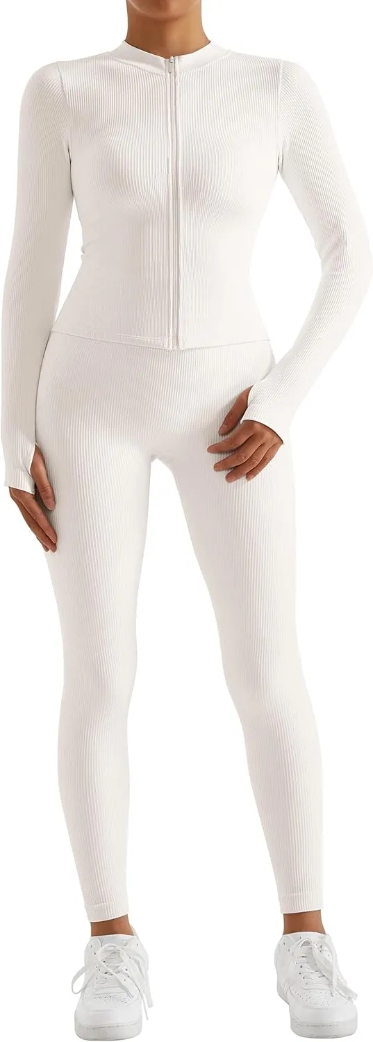 RXRXCOCO Ribbed Workout Sets for Women 2 Piece Zip Up Cropped Workout Jackets Seamless Leggings Matching Yoga Oufits