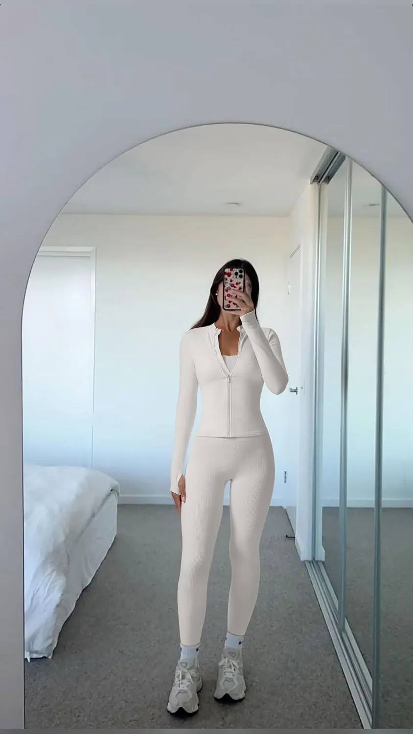 RXRXCOCO Ribbed Workout Sets for Women 2 Piece Zip Up Cropped Workout Jackets Seamless Leggings Matching Yoga Oufits