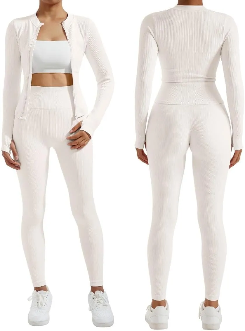 RXRXCOCO Ribbed Workout Sets for Women 2 Piece Zip Up Cropped Workout Jackets Seamless Leggings Matching Yoga Oufits