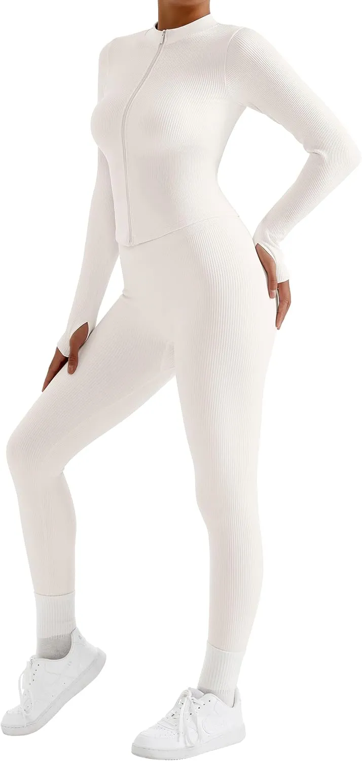 RXRXCOCO Ribbed Workout Sets for Women 2 Piece Zip Up Cropped Workout Jackets Seamless Leggings Matching Yoga Oufits