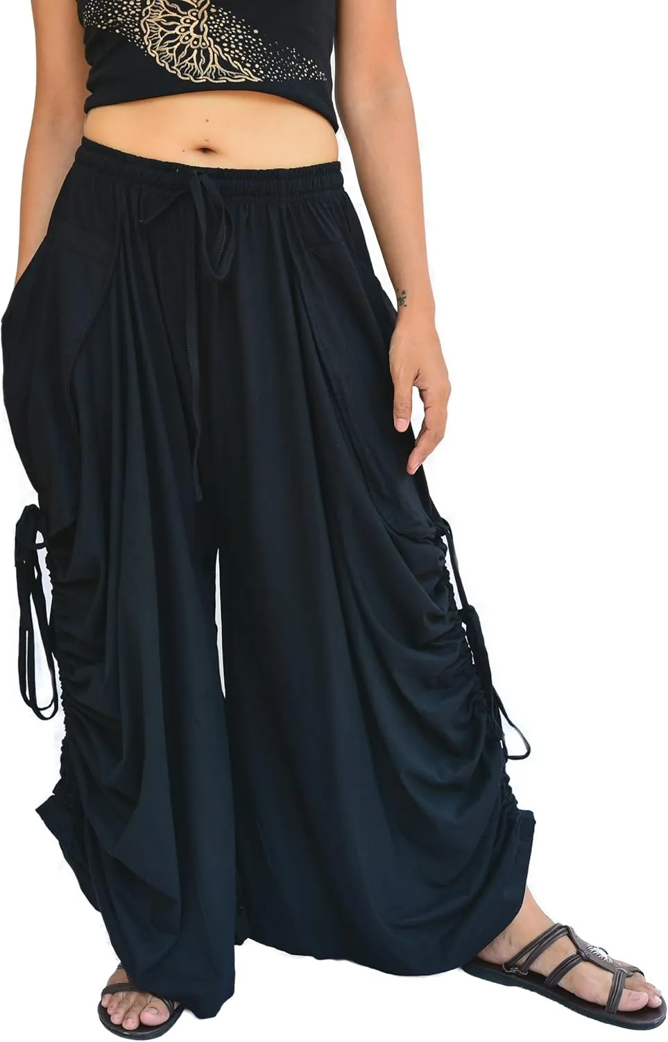 Sakoonee Women's Harem Pants Palazzo Dhoti Lounge Trousers, Convertible to a Skirt 2 Pockets Cotton, One Size, Elastic Waist