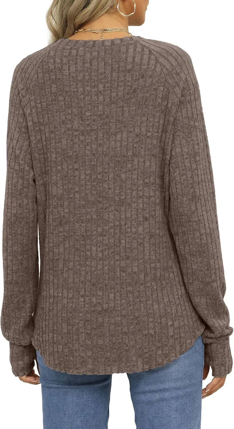Saloogoe Women's Long Sleeve Top Crewneck Basic Lightweight Fall Shirt with Thumb Hole