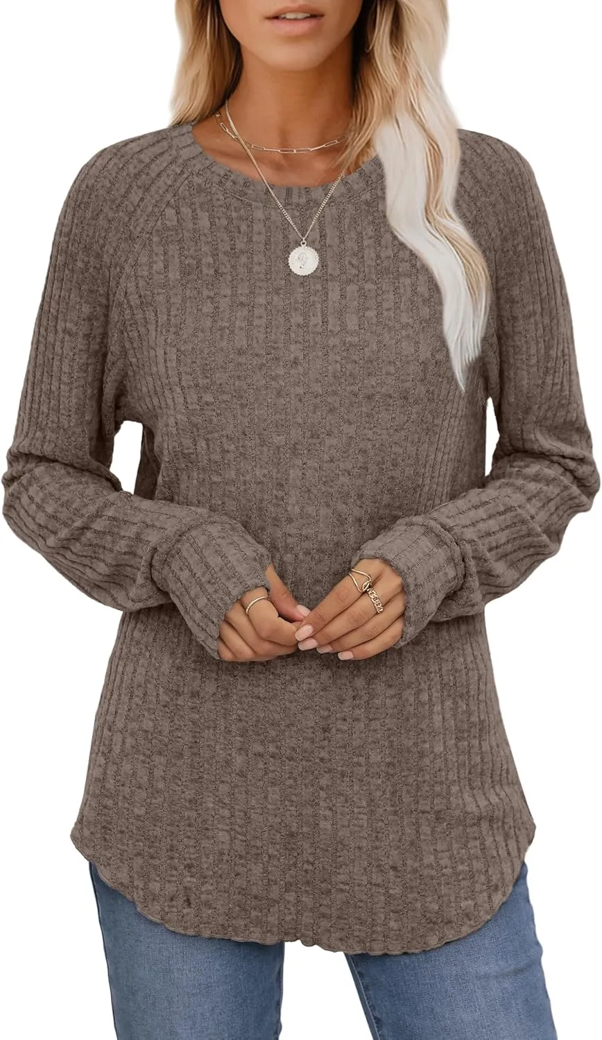 Saloogoe Women's Long Sleeve Top Crewneck Basic Lightweight Fall Shirt with Thumb Hole