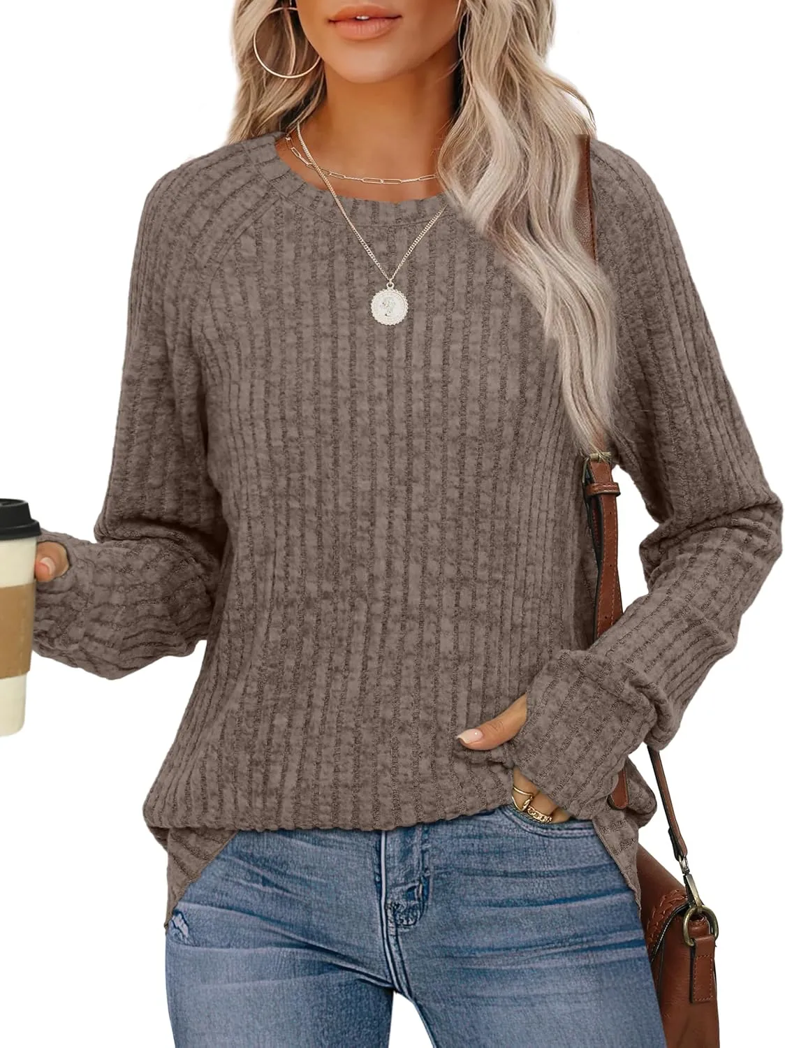 Saloogoe Women's Long Sleeve Top Crewneck Basic Lightweight Fall Shirt with Thumb Hole