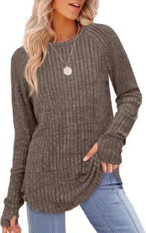 Saloogoe Women's Long Sleeve Top Crewneck Basic Lightweight Fall Shirt with Thumb Hole