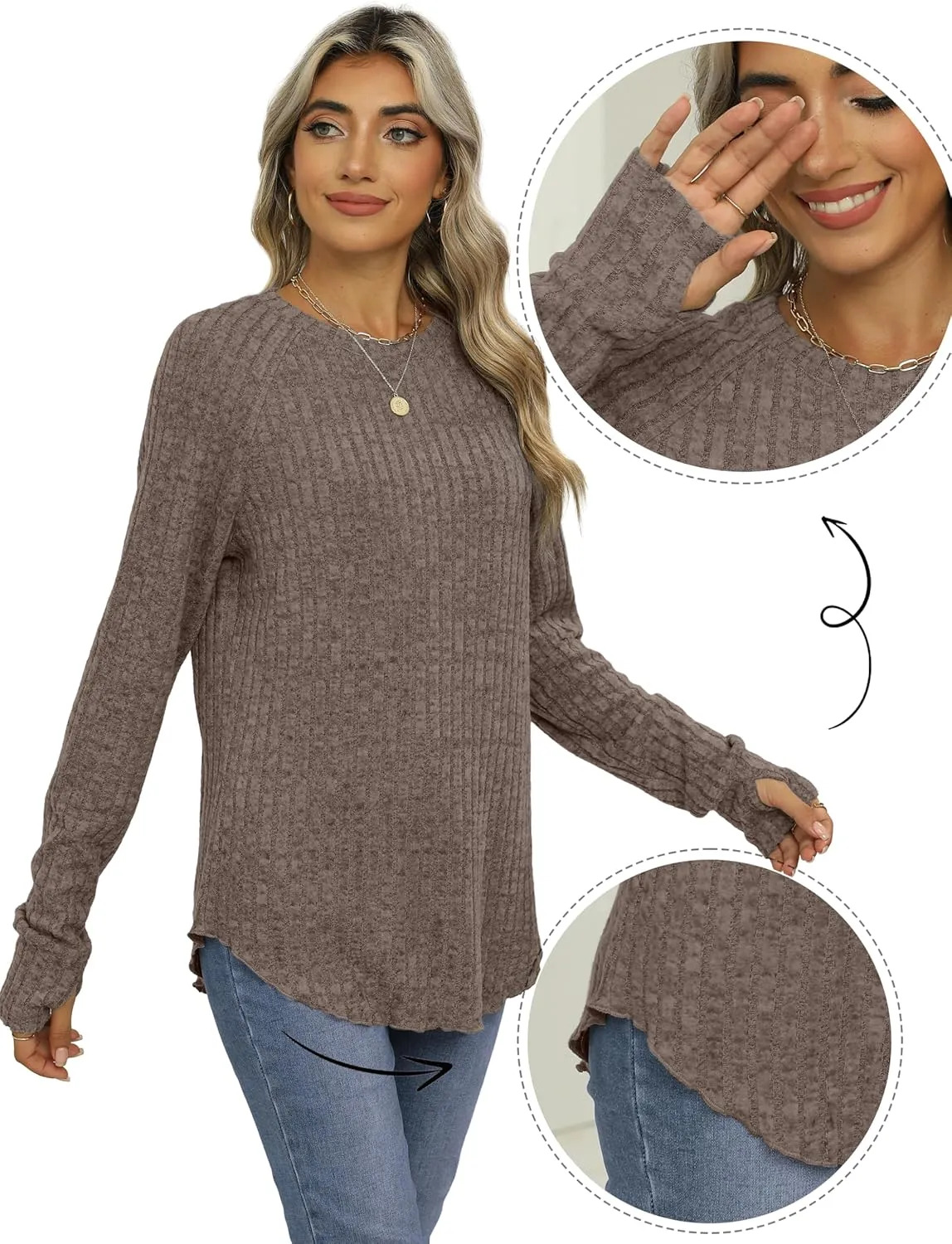 Saloogoe Women's Long Sleeve Top Crewneck Basic Lightweight Fall Shirt with Thumb Hole