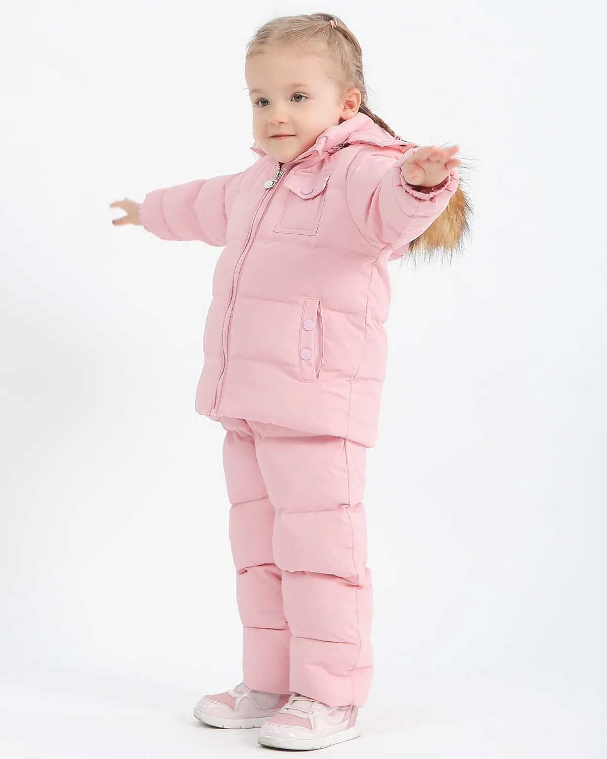 SANMIO Baby Boys Girls Two Piece Snowsuit, Toddler Winter Hooded Puffer Down Jacket Coat with Ski Bib