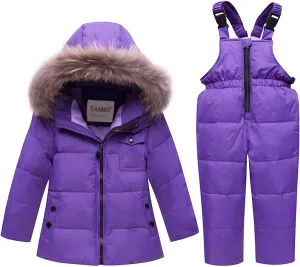 SANMIO Baby Boys Girls Two Piece Snowsuit, Toddler Winter Hooded Puffer Down Jacket Coat with Ski Bib