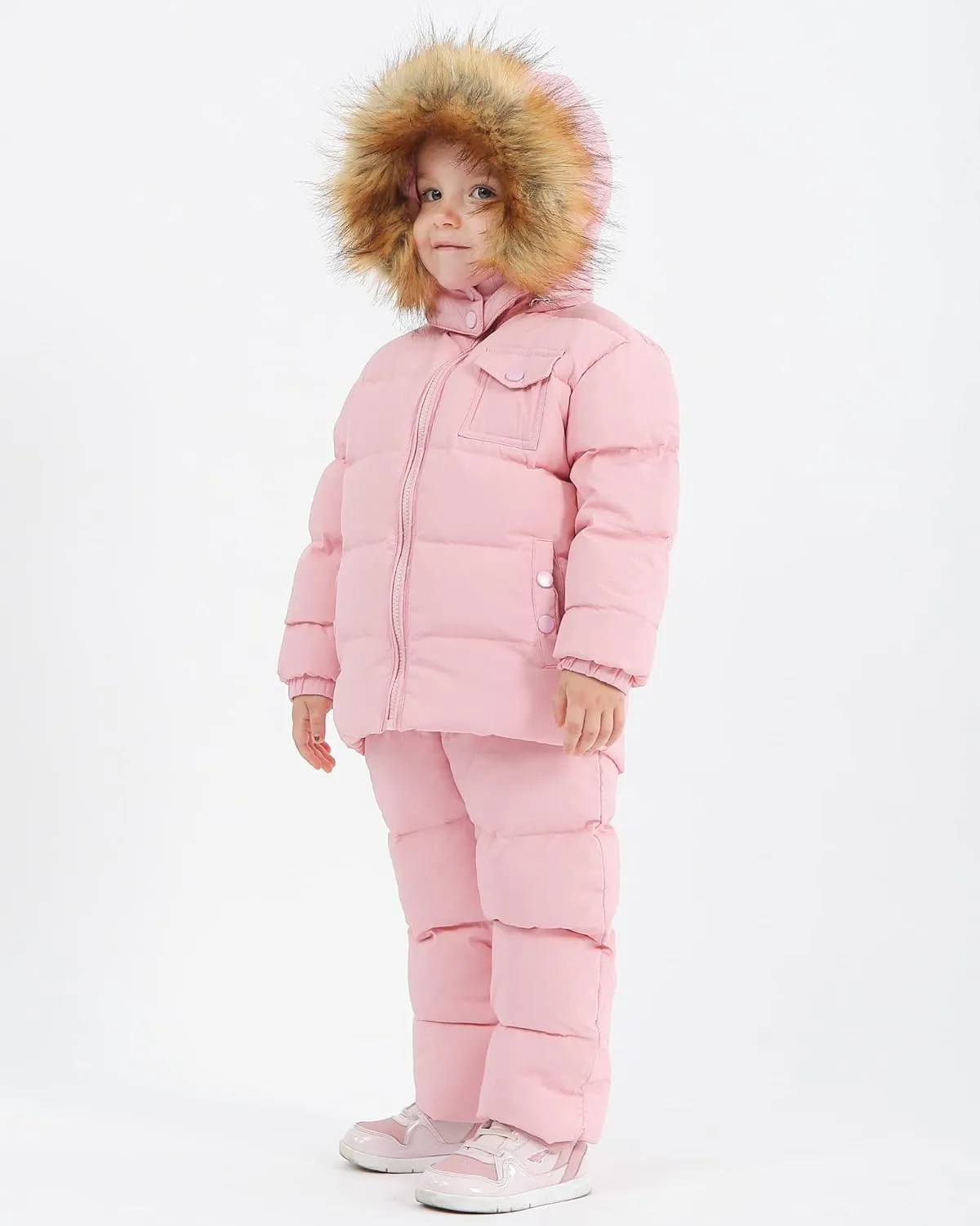 SANMIO Baby Boys Girls Two Piece Snowsuit, Toddler Winter Hooded Puffer Down Jacket Coat with Ski Bib