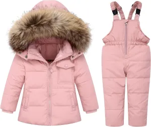 SANMIO Baby Boys Girls Two Piece Snowsuit, Toddler Winter Hooded Puffer Down Jacket Coat with Ski Bib