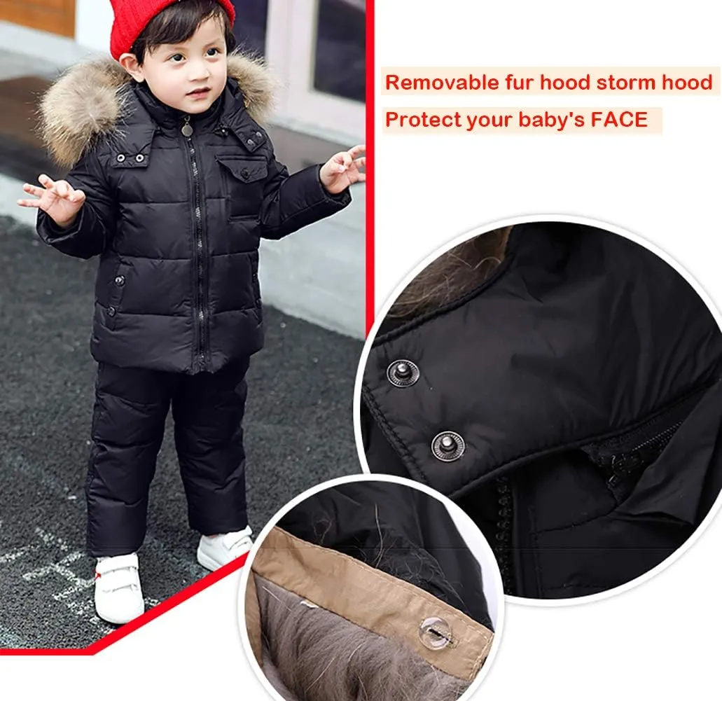 SANMIO Baby Boys Girls Two Piece Snowsuit, Toddler Winter Hooded Puffer Down Jacket Coat with Ski Bib