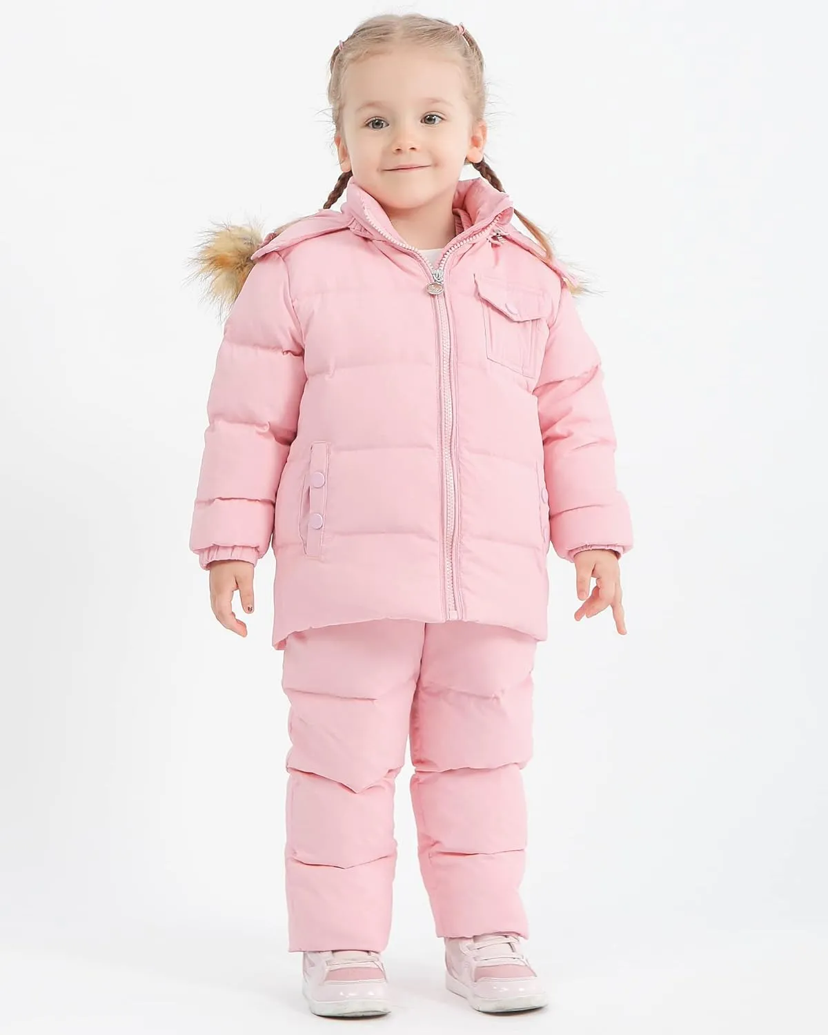 SANMIO Baby Boys Girls Two Piece Snowsuit, Toddler Winter Hooded Puffer Down Jacket Coat with Ski Bib