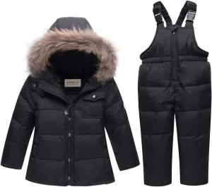 SANMIO Baby Boys Girls Two Piece Snowsuit, Toddler Winter Hooded Puffer Down Jacket Coat with Ski Bib