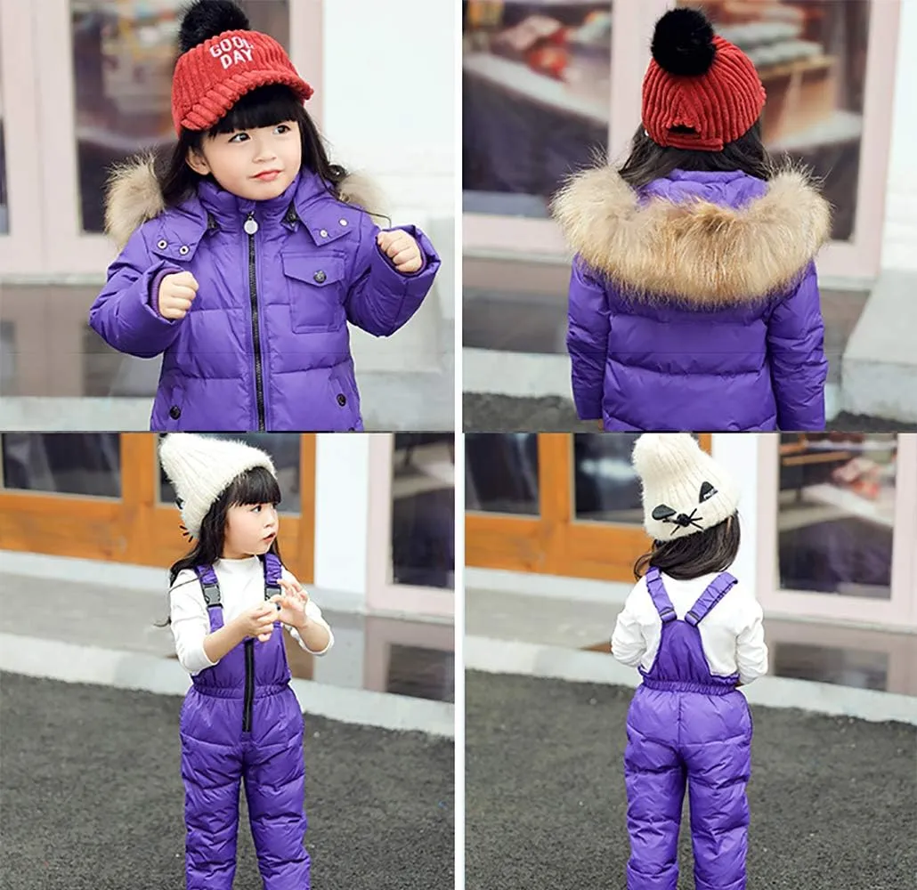 SANMIO Baby Boys Girls Two Piece Snowsuit, Toddler Winter Hooded Puffer Down Jacket Coat with Ski Bib