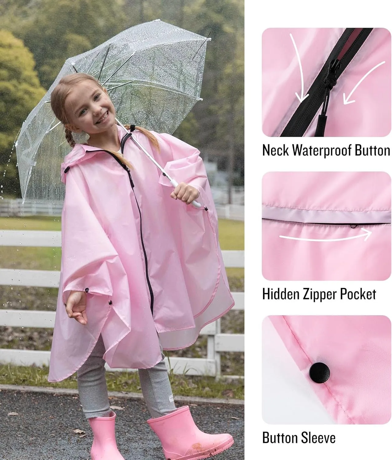 SaphiRose Lightweight Kids Rain Poncho Waterproof Jacket Zipper Up Rain Coat