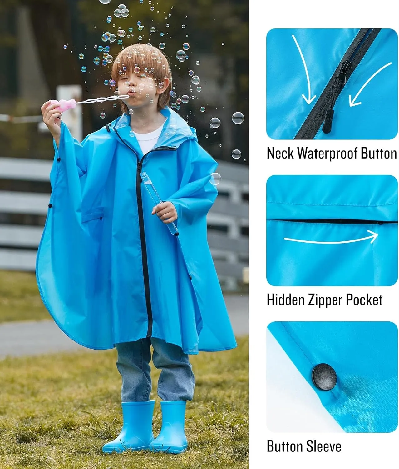 SaphiRose Lightweight Kids Rain Poncho Waterproof Jacket Zipper Up Rain Coat