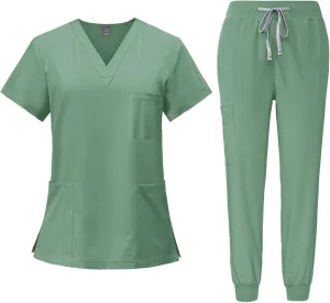 Scrubs for Women Short Sleeved V-Neck Workwear Solid Color Medical Uniform Top and Pants Quick Drying Set