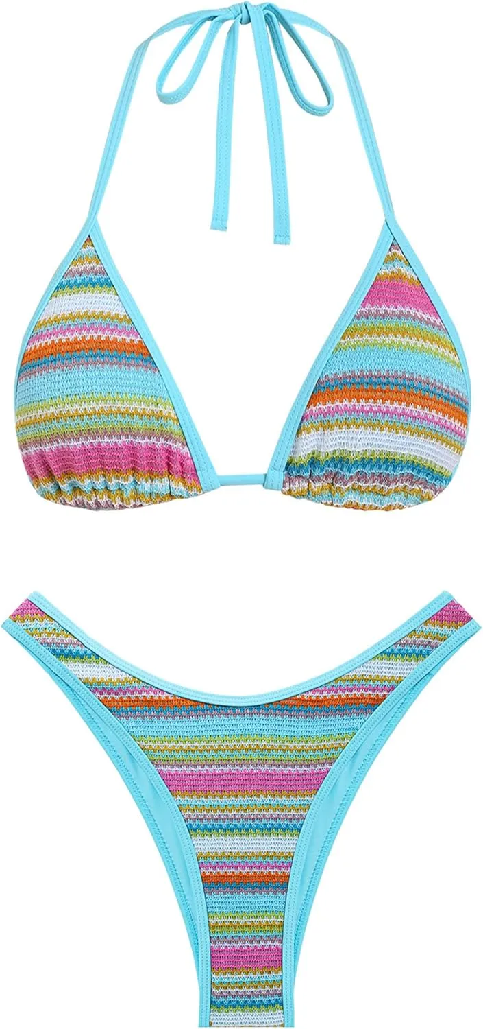 seamoly Women's Bikini Sets Halter Neck Crochet Colorblock Two Piece Swimsuits Open Back Sexy High Cut Thong Bathing Suit