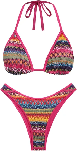 seamoly Women's Bikini Sets Halter Neck Crochet Colorblock Two Piece Swimsuits Open Back Sexy High Cut Thong Bathing Suit