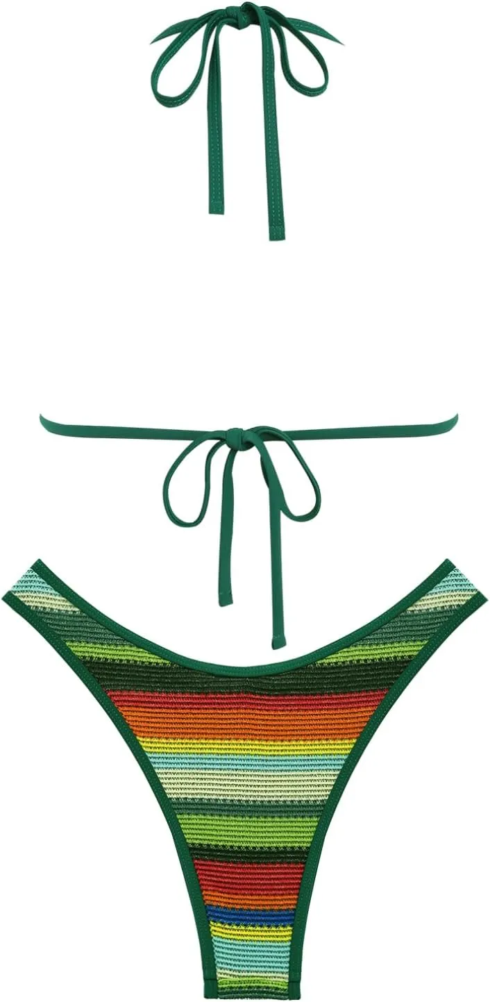 seamoly Women's Bikini Sets Halter Neck Crochet Colorblock Two Piece Swimsuits Open Back Sexy High Cut Thong Bathing Suit