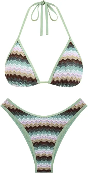 seamoly Women's Bikini Sets Halter Neck Crochet Colorblock Two Piece Swimsuits Open Back Sexy High Cut Thong Bathing Suit
