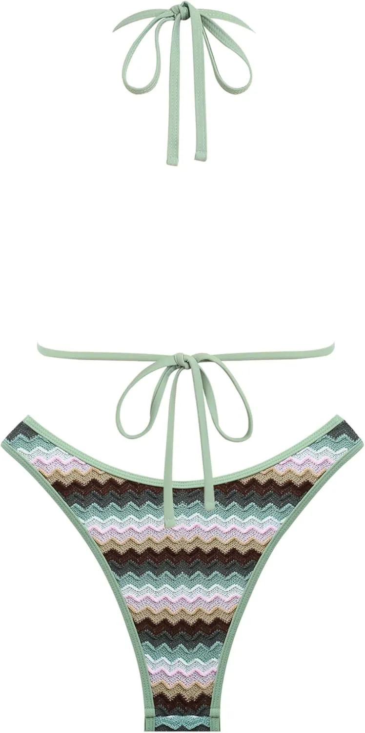 seamoly Women's Bikini Sets Halter Neck Crochet Colorblock Two Piece Swimsuits Open Back Sexy High Cut Thong Bathing Suit