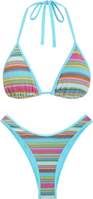seamoly Women's Bikini Sets Halter Neck Crochet Colorblock Two Piece Swimsuits Open Back Sexy High Cut Thong Bathing Suit