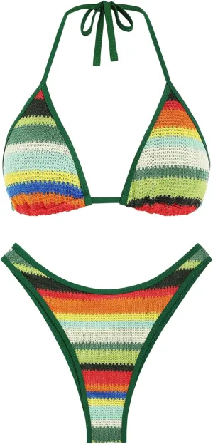 seamoly Women's Bikini Sets Halter Neck Crochet Colorblock Two Piece Swimsuits Open Back Sexy High Cut Thong Bathing Suit