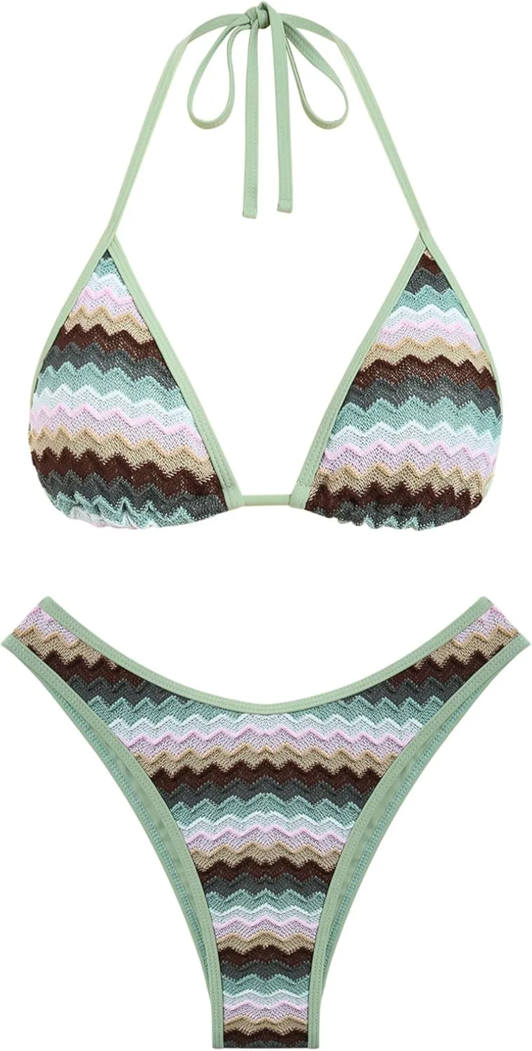 seamoly Women's Bikini Sets Halter Neck Crochet Colorblock Two Piece Swimsuits Open Back Sexy High Cut Thong Bathing Suit