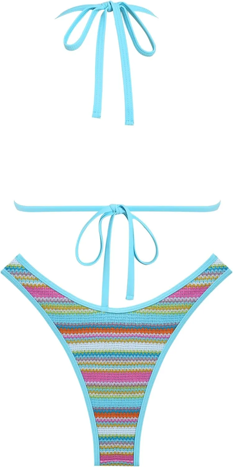 seamoly Women's Bikini Sets Halter Neck Crochet Colorblock Two Piece Swimsuits Open Back Sexy High Cut Thong Bathing Suit