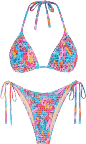 seamoly Women's Bikini Sets Halter Two Piece Swimsuit Sexy High Cut Side Tie Thong Bathing Suit Smocked Floral Print Swimwear