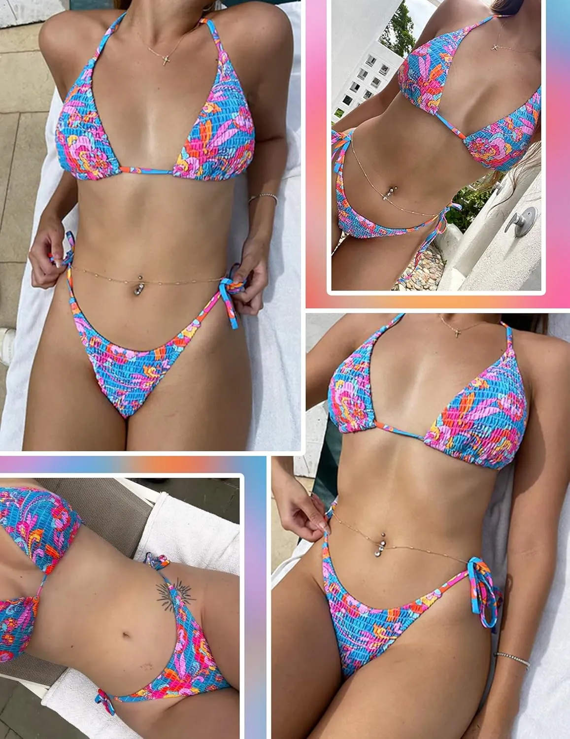 seamoly Women's Bikini Sets Halter Two Piece Swimsuit Sexy High Cut Side Tie Thong Bathing Suit Smocked Floral Print Swimwear