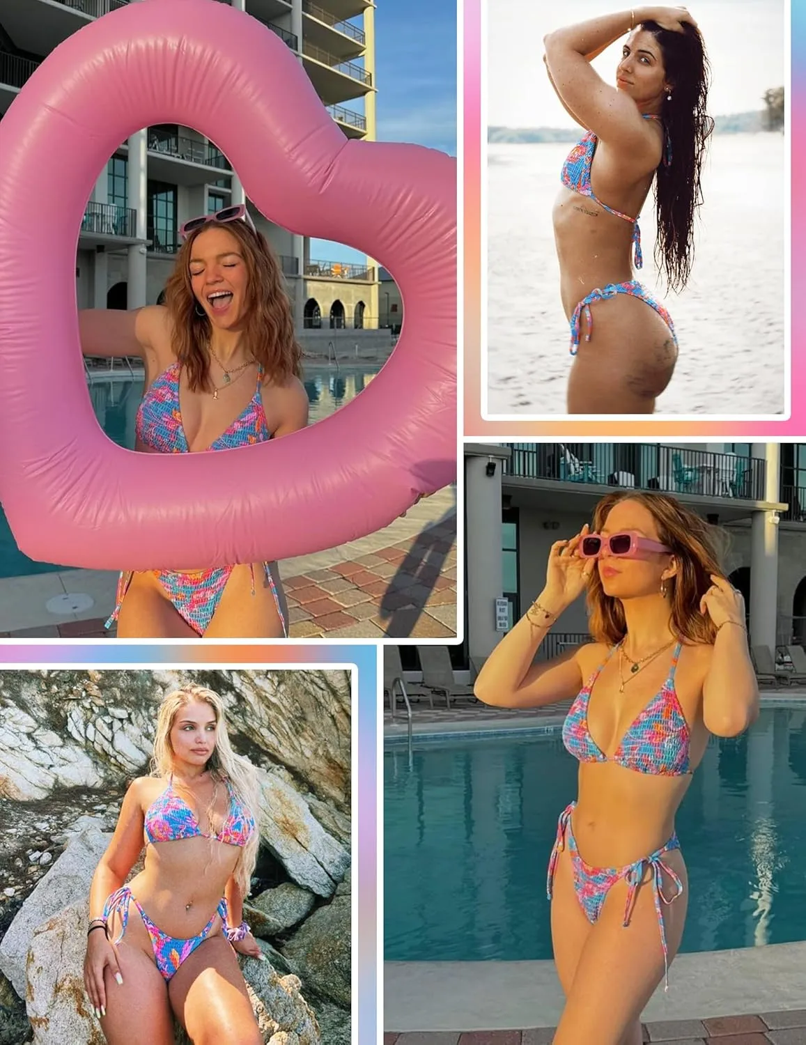 seamoly Women's Bikini Sets Halter Two Piece Swimsuit Sexy High Cut Side Tie Thong Bathing Suit Smocked Floral Print Swimwear