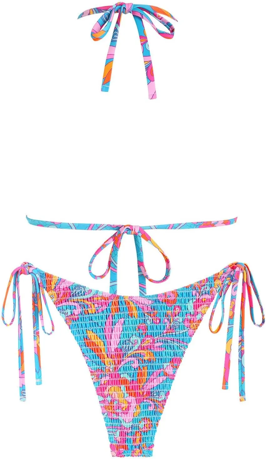 seamoly Women's Bikini Sets Halter Two Piece Swimsuit Sexy High Cut Side Tie Thong Bathing Suit Smocked Floral Print Swimwear