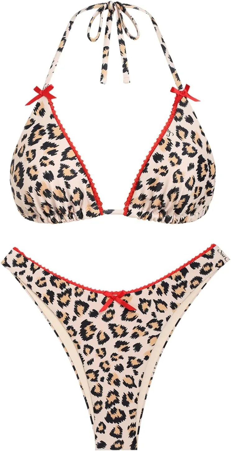 seamoly Womens Bikini Sets Two Piece Swimsuit Textured Halter Triangle Thong Bikini Set