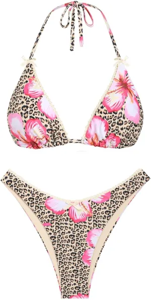 seamoly Womens Bikini Sets Two Piece Swimsuit Textured Halter Triangle Thong Bikini Set