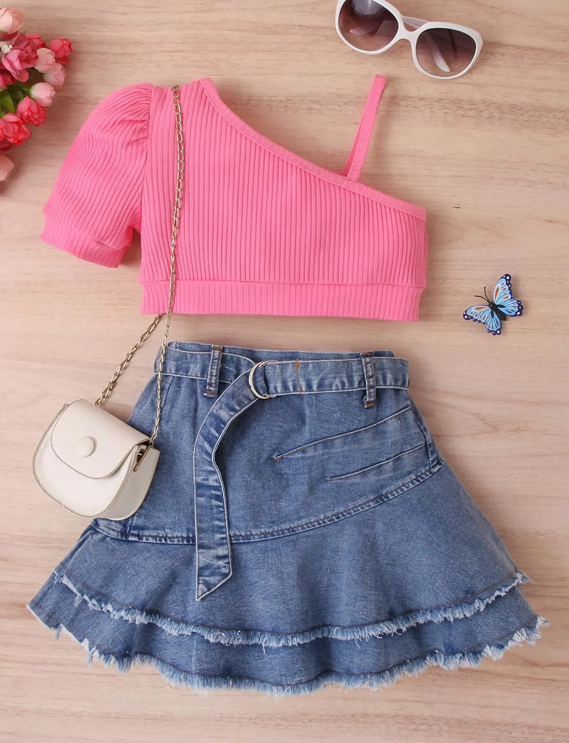 SEAUR Girls 2 Piece Outfit Summer One Shoulder Crop Tops and Denim Pleated Skirts Set